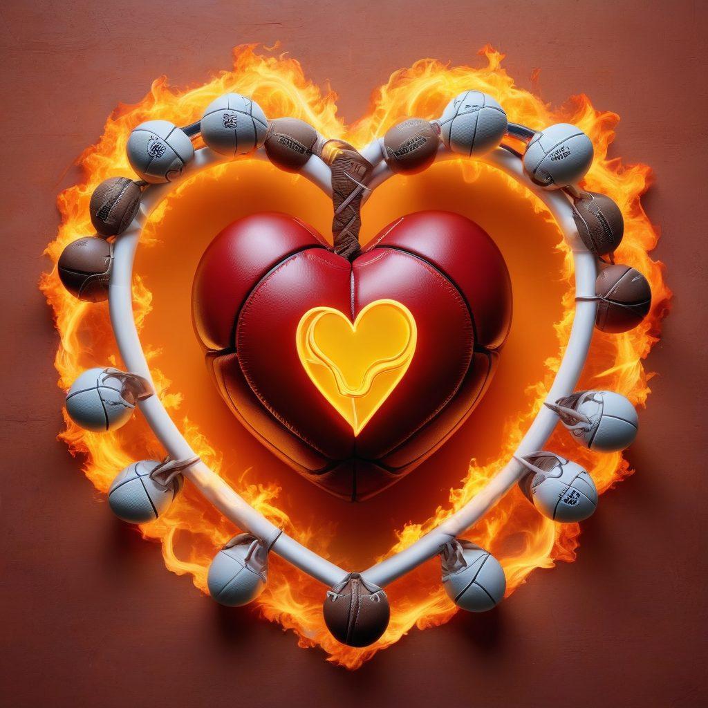 A heart symbol made of intertwined sports equipment like footballs, basketballs, and tennis rackets, surrounded by vibrant flames representing passion. A backdrop of diverse athletes celebrating together, showcasing unity in sports and relationships. The scene should convey emotion and strength, with warm tones and a slight glow around the heart. super-realistic. vibrant colors.