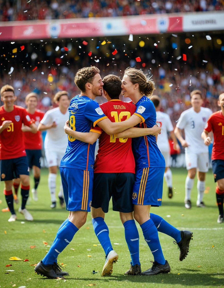 A dynamic soccer scene capturing a passionate embrace between players celebrating a goal, with a large heart-shaped soccer ball in the background. The atmosphere should be vibrant, showcasing intense emotions of love and teamwork on the field. Include fans in the stands waving flags, all surrounded by colorful confetti. super-realistic. vibrant colors. energetic atmosphere.