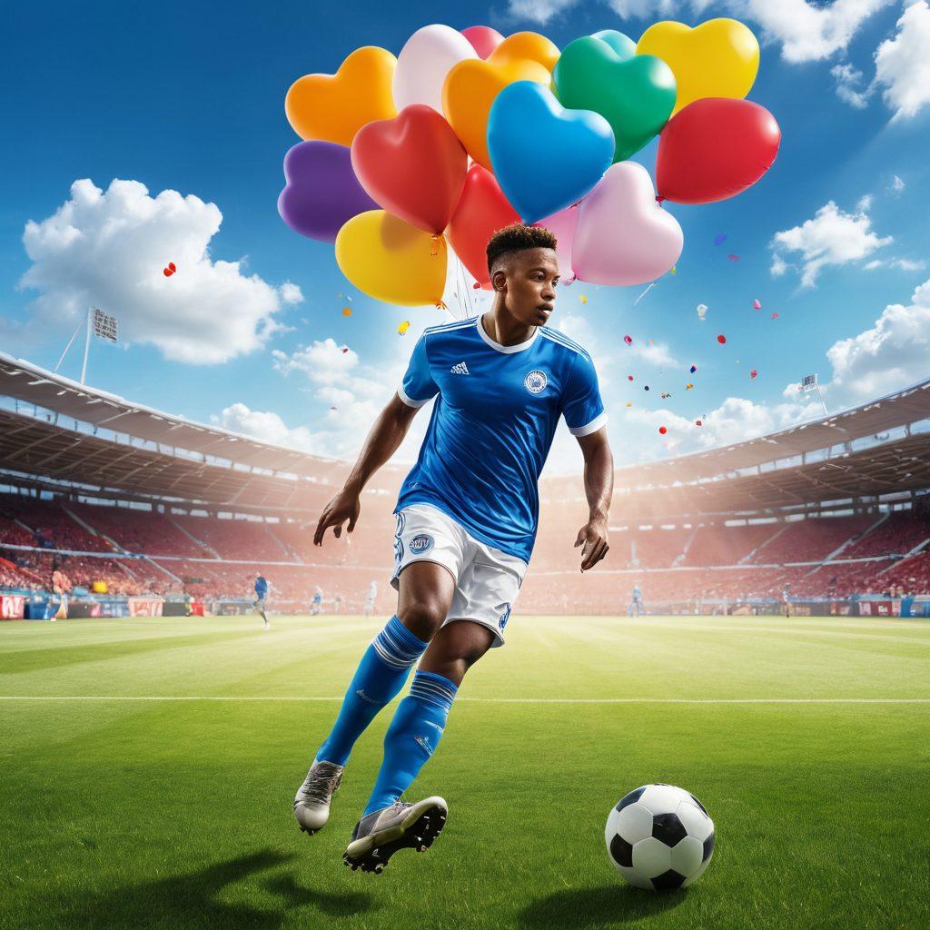 A dynamic soccer field scene where a player is skillfully dribbling the ball, surrounded by colorful heart-shaped balloons floating in the background, symbolizing love. Include a protective shield graphic encompassing the player, merging themes of sport and love. The sky is bright blue with fluffy clouds, adding a cheerful atmosphere. The players wear vibrant kits, and the audience looks engaged. super-realistic. vibrant colors.